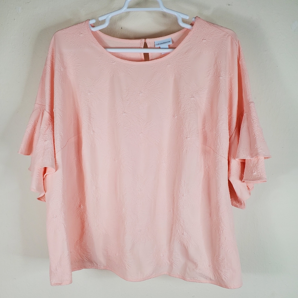 Liz Claiborne Womens Ruffle Sleeve Blouse 2X Pink Textured Career Church Evening